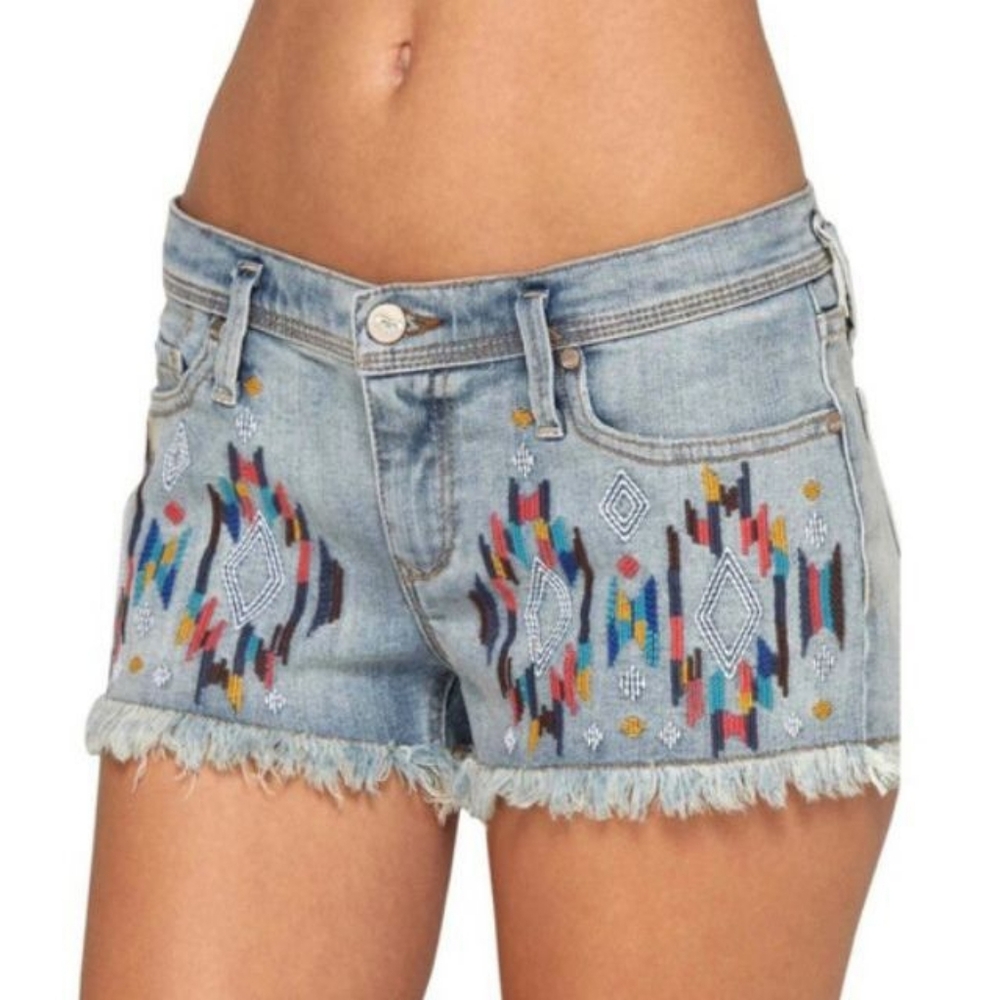 Roxy Denim Blue Jean Shorts with Vibrant Embroidery Size 7/28